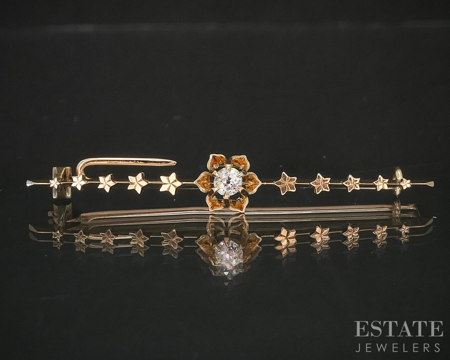 Antique 12k Yellow Gold Natural Diamond Flower Bar Pin Brooch 2.1g i20284