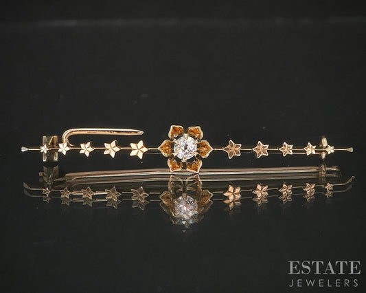 Antique 12k Yellow Gold Natural Diamond Flower Bar Pin Brooch 2.1g i20284