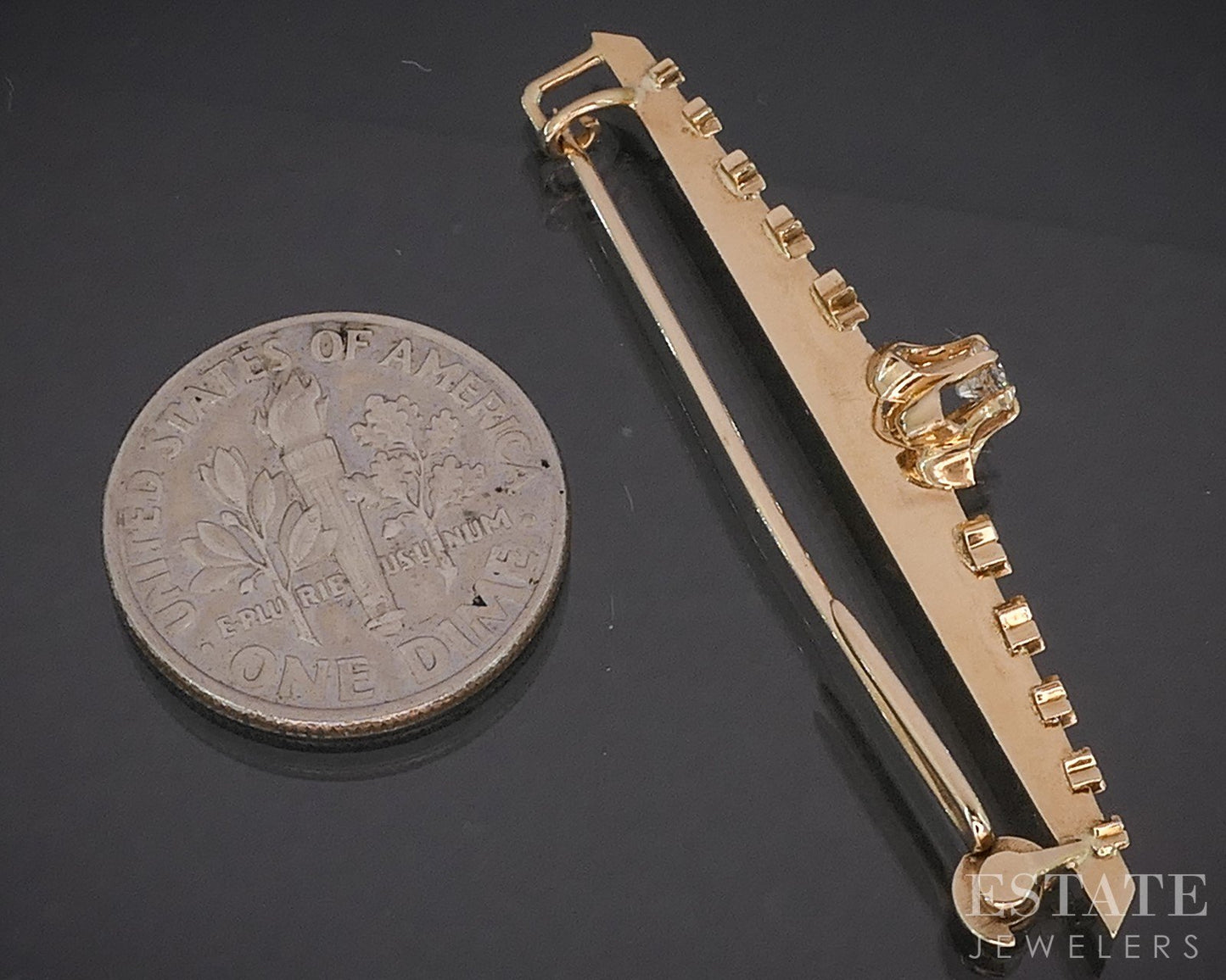 Antique 12k Yellow Gold Natural Diamond Flower Bar Pin Brooch 2.1g i20284