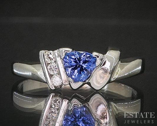 14k White Gold Trillion Natural Tanzanite & Diamond Ladies Ring 3.8g i20278