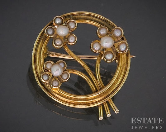 Antique Art Nouveau 14k Yellow Gold Flower Seed Pearl Pin Brooch 2g i20268