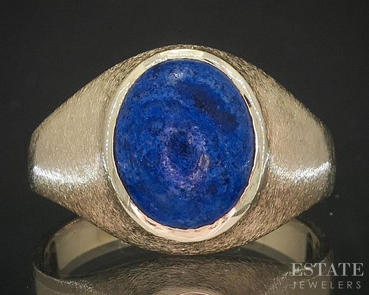 Vintage 10k Yellow Gold Oval Natural Lapis Mens Ring 6.3g i20282