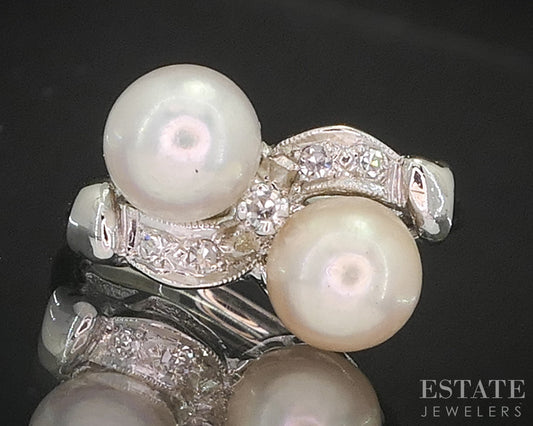 Vintage 14k White Gold 6.5mm Akoya Pearl & Diamond Ladies Ring 3.6g i20275