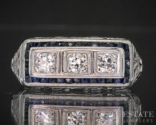 Antique 18k Gold Natural .30ctw Diamond Sapphire Filigree Band Ring 3.1g i20281