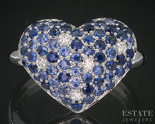 14k White Gold Natural Blue Sapphire & Diamond Heart Ladies Ring 4.2g i20302