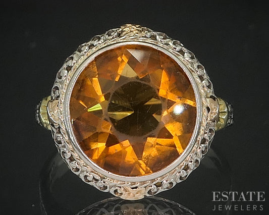 Antique 14k Tri Colored Gold Natural Citrine Filigree Ladies Ring 4.6g i20305