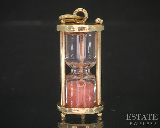 Vintage 14k Yellow Gold Pink Sand Hour Glass Charm 1.7g i20317