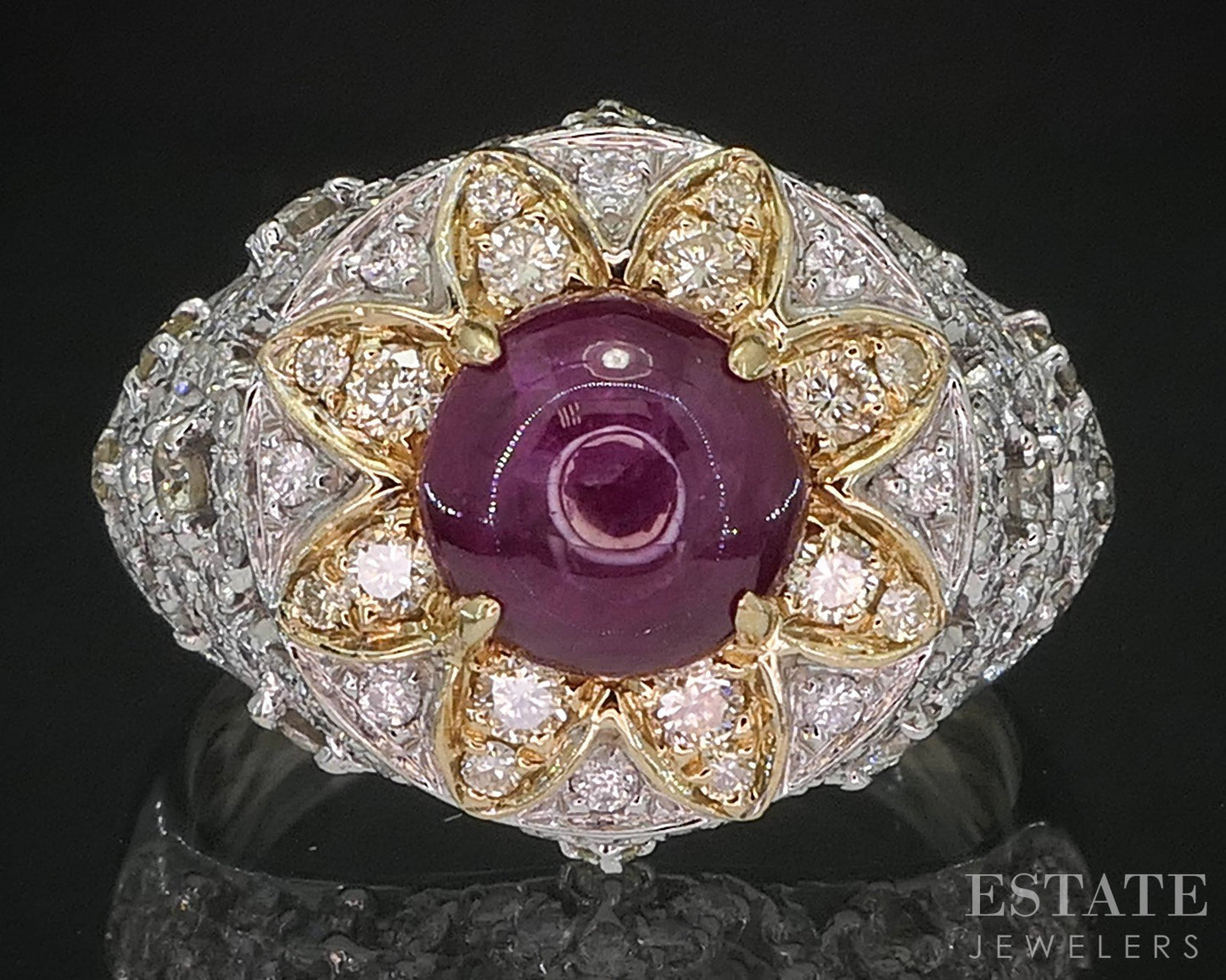 14k White & Yellow Gold Cabochon Natural Ruby & Diamond Ladies Ring 5.3g i20314