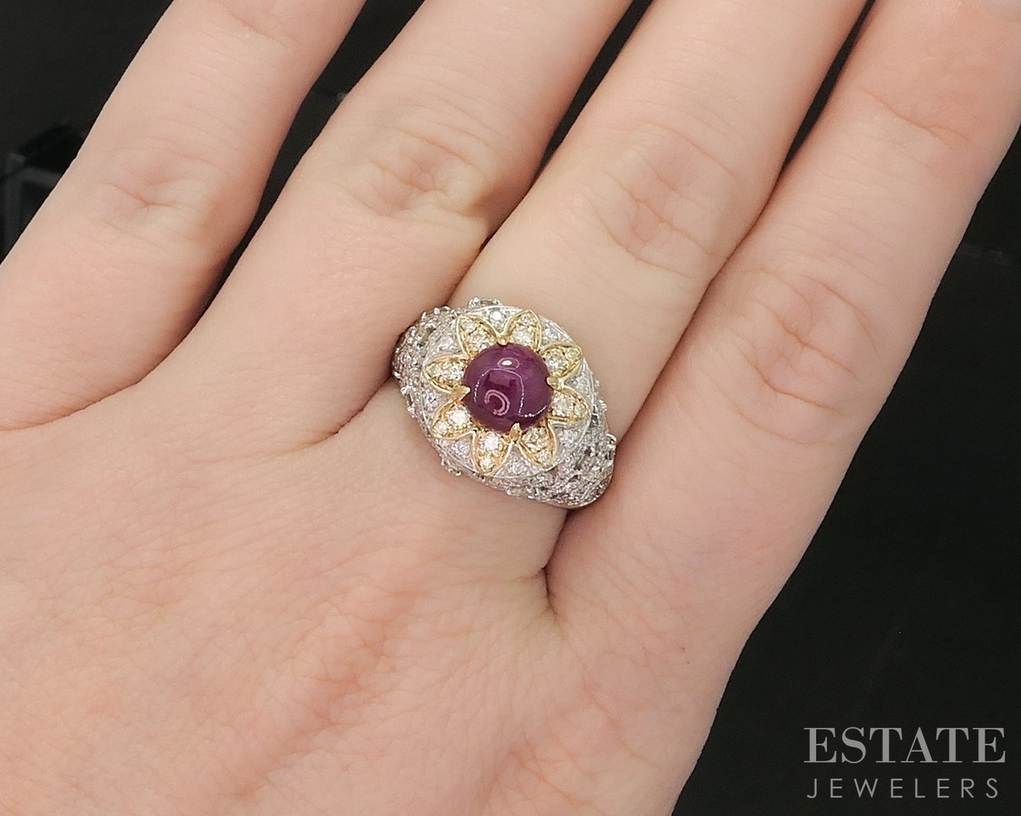 14k White & Yellow Gold Cabochon Natural Ruby & Diamond Ladies Ring 5.3g i20314