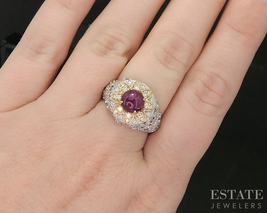 14k White & Yellow Gold Cabochon Natural Ruby & Diamond Ladies Ring 5.3g i20314