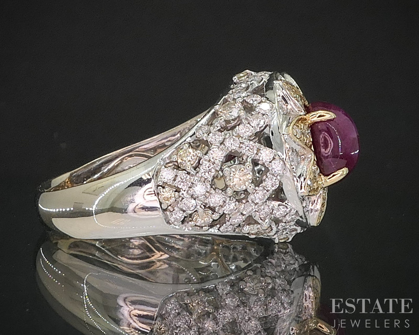 14k White & Yellow Gold Cabochon Natural Ruby & Diamond Ladies Ring 5.3g i20314