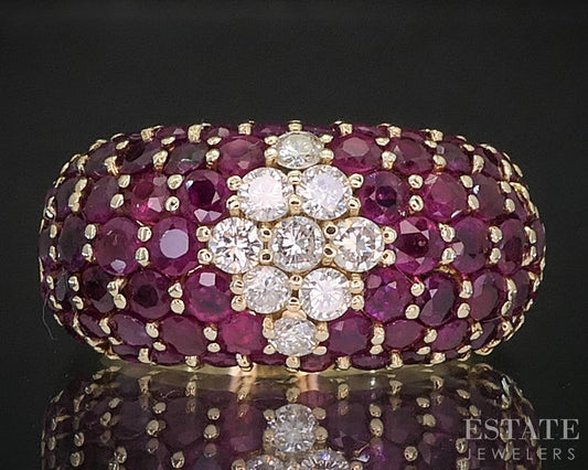 14k Yellow Gold EFFY Natural Ruby & Diamond Cluster Ladies Band Ring 7.8g i20319