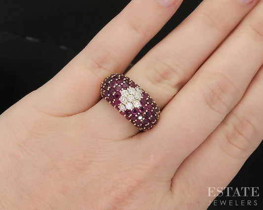 14k Yellow Gold EFFY Natural Ruby & Diamond Cluster Ladies Band Ring 7.8g i20319
