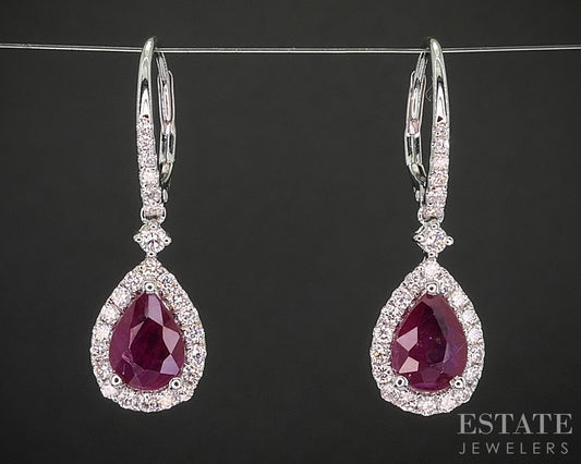 18k White Gold Natural Ruby & Diamond Teardrop Dangle Earrings 4.2g i20315