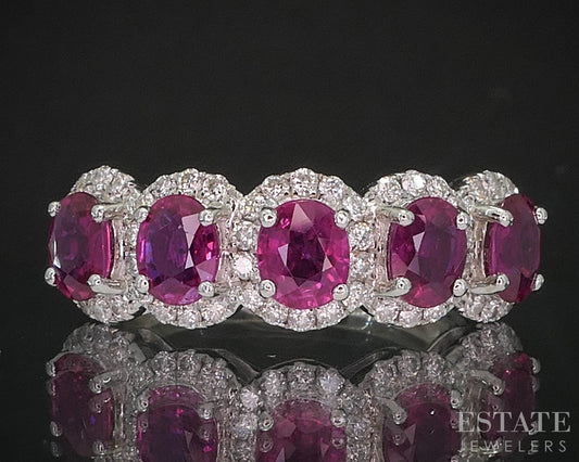 14k White Gold Natural Ruby & Diamond Ladies Halo Band Ring 4.7g i20313