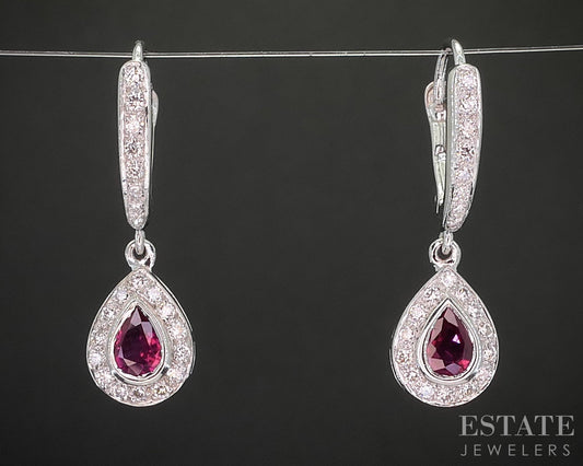 18k White Gold Natural Ruby & Diamond Teardrop Dangle Earrings 4.4g i20308