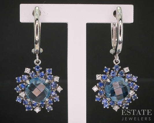 14k White Gold EFFY Natural Blue Topaz Sapphire Diamond Earrings 5g i20298