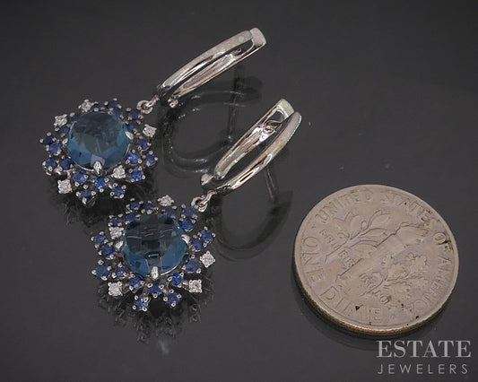 14k White Gold EFFY Natural Blue Topaz Sapphire Diamond Earrings 5g i20298