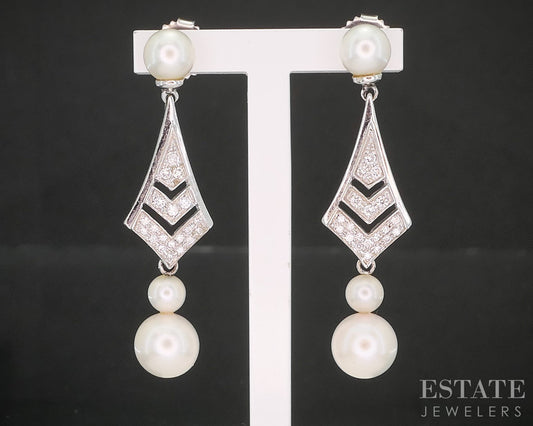 14k White Gold 4-7mm Akoya Pearl & Diamond Dangle Ladies Earrings 5.2g i20311