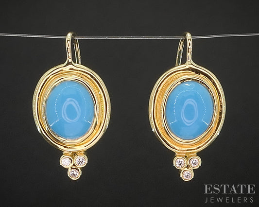 18k Yellow Gold Temple St. Clair Natural Turquoise & Diamond Earrings 6g i20304