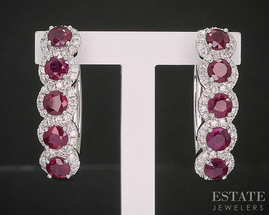 14k White Gold Natural Ruby & Diamond Hoop Ladies Earrings 6.4g i20307