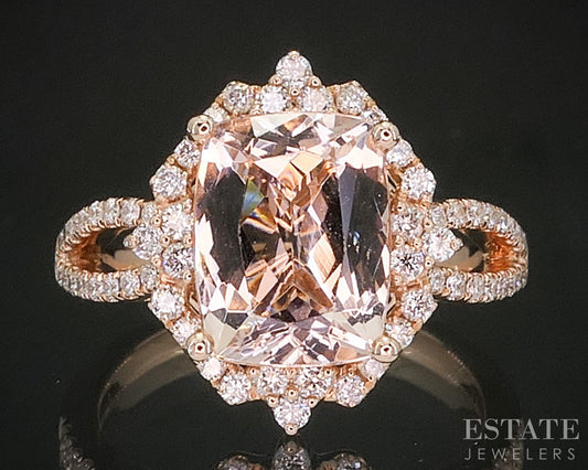 14k Rose Gold 2ct Natural Peach Morganite & Diamond Halo Ladies Ring 3.6g i20325