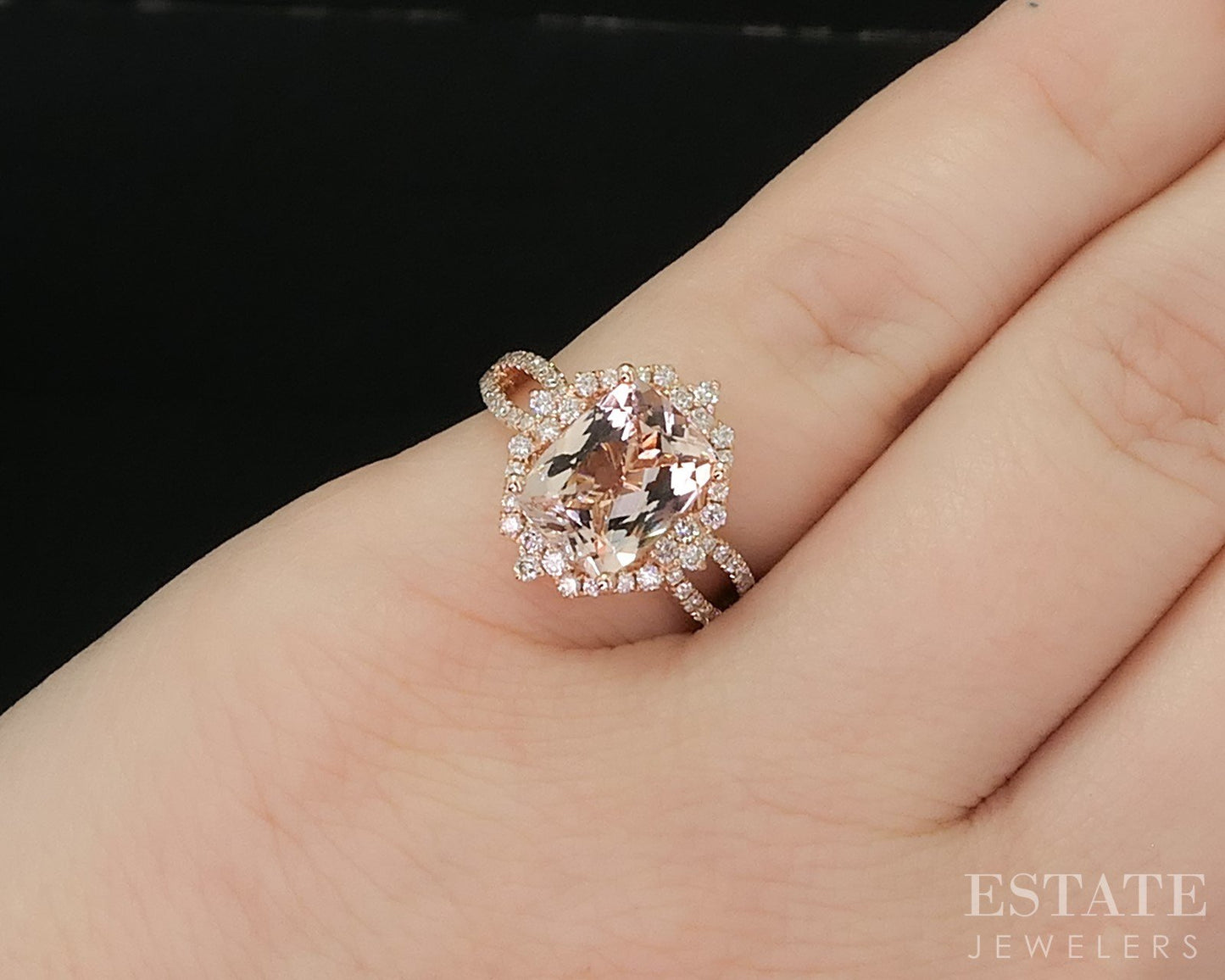 14k Rose Gold 2ct Natural Peach Morganite & Diamond Halo Ladies Ring 3.6g i20325