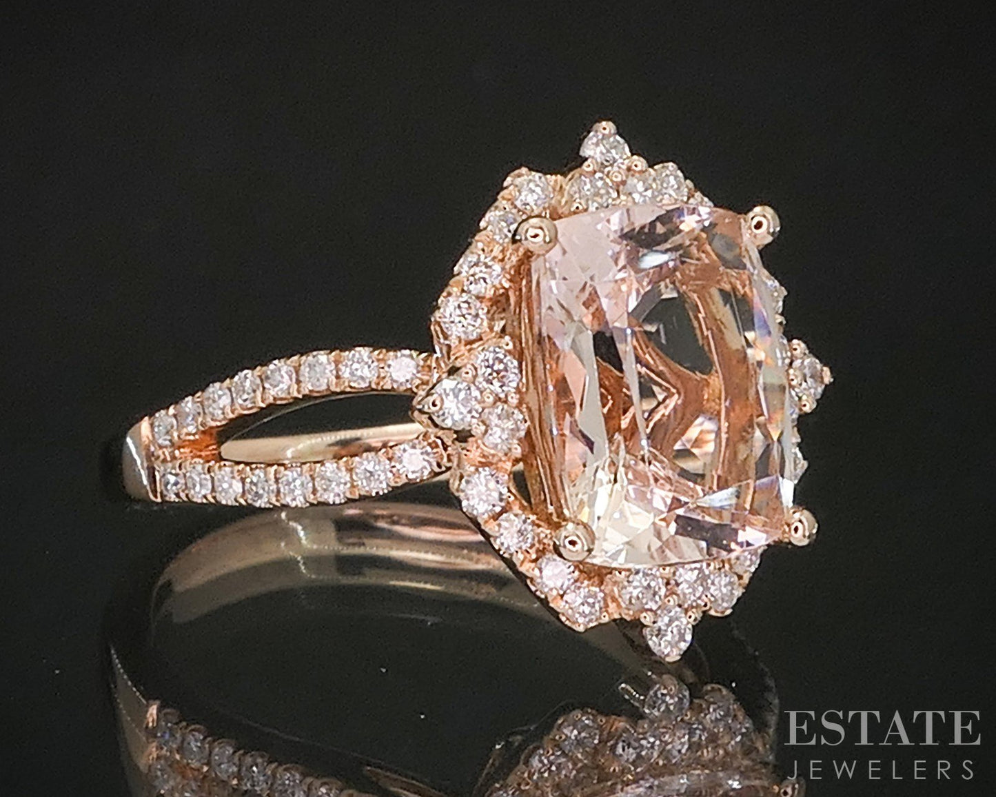 14k Rose Gold 2ct Natural Peach Morganite & Diamond Halo Ladies Ring 3.6g i20325