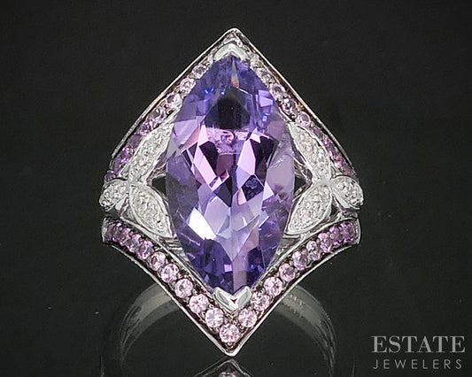 14k White Gold Natural Amethyst Ombre' Rose Quartz & Diamond Ring 7.8g i20321
