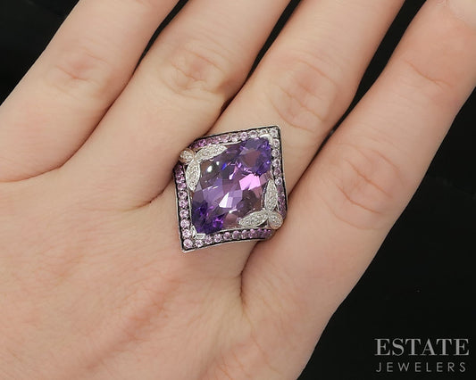 14k White Gold Natural Amethyst Ombre' Rose Quartz & Diamond Ring 7.8g i20321