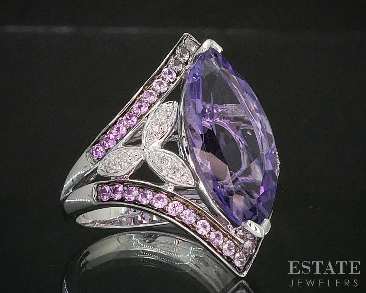 14k White Gold Natural Amethyst Ombre' Rose Quartz & Diamond Ring 7.8g i20321