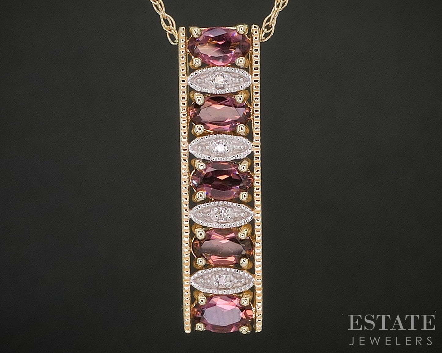14k Yellow Gold Natural Pink Tourmaline & Diamond Necklace 3.7g 18"L i20338