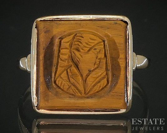 Antique Victorian 14k Yellow Gold Natural Tigers Eye Cameo Ring 2.4g i20291