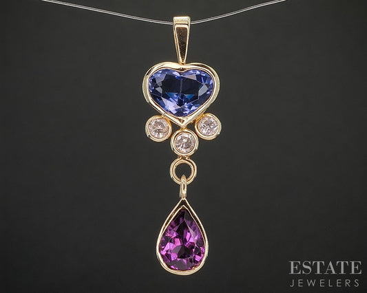 14k Yellow Gold Heart Natural Tanzanite Tourmaline & Diamond Pendant 2.5g i20297