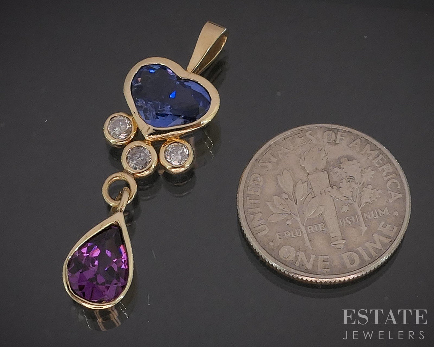 14k Yellow Gold Heart Natural Tanzanite Tourmaline & Diamond Pendant 2.5g i20297