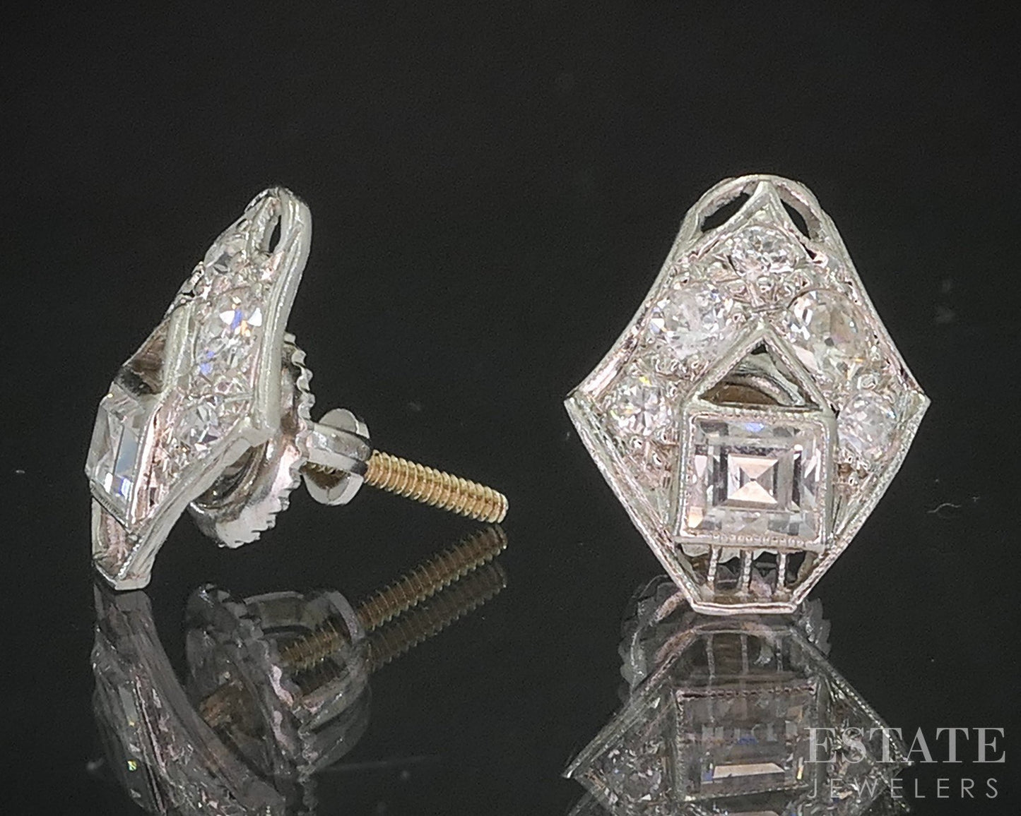 Antique Art Deco Platinum 14k Natural .39ctw Diamond Screw Back Earrings i20296