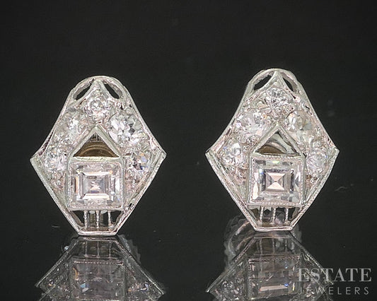 Antique Art Deco Platinum 14k Natural .39ctw Diamond Screw Back Earrings i20296