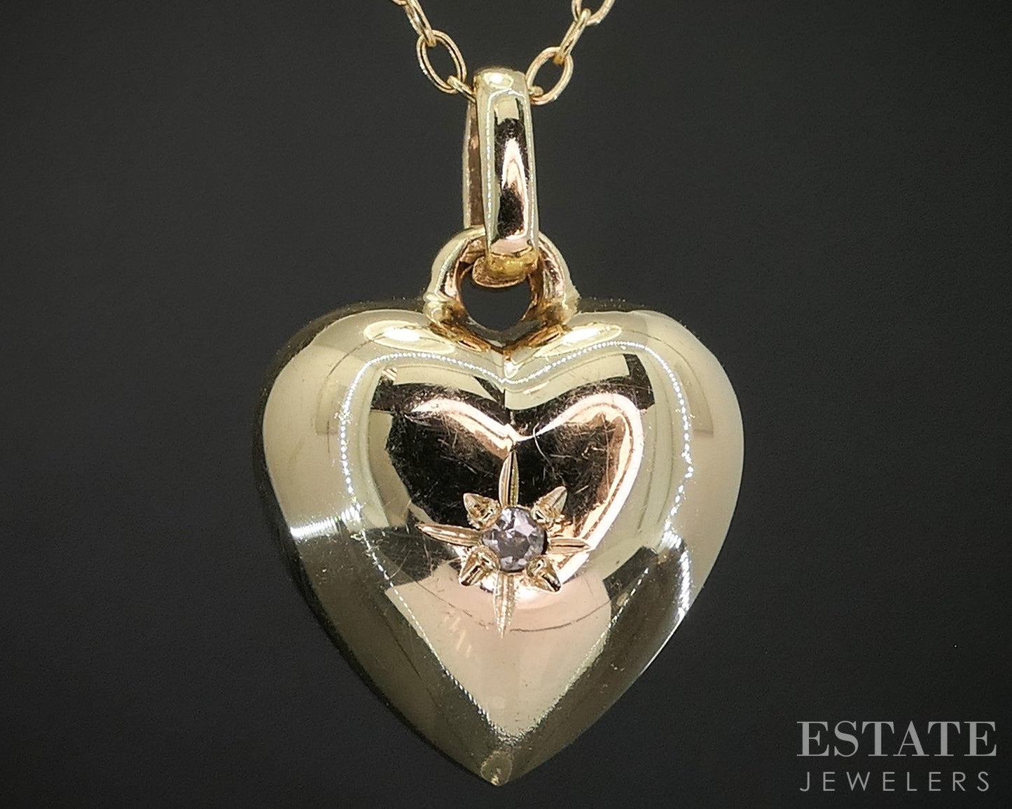 Vintage 14k Yellow Gold Natural Diamond Puffy Heart Necklace 1.6g 16"L i20181b