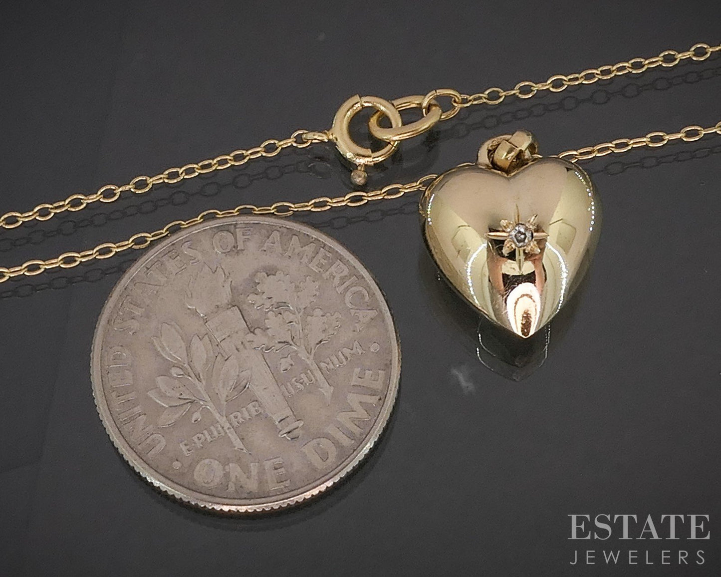 Vintage 14k Yellow Gold Natural Diamond Puffy Heart Necklace 1.6g 16"L i20181b