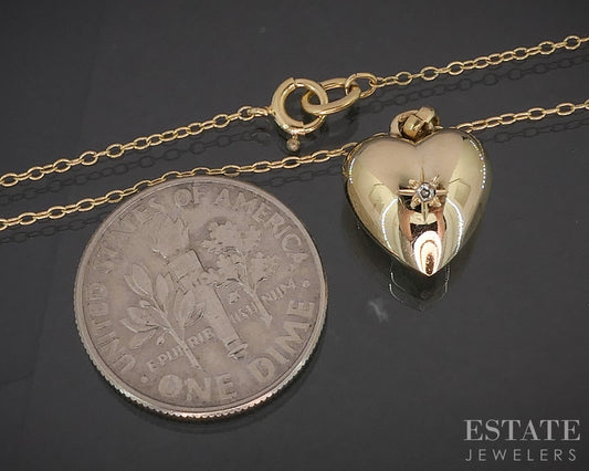 Vintage 14k Yellow Gold Natural Diamond Puffy Heart Necklace 1.6g 16"L i20181b