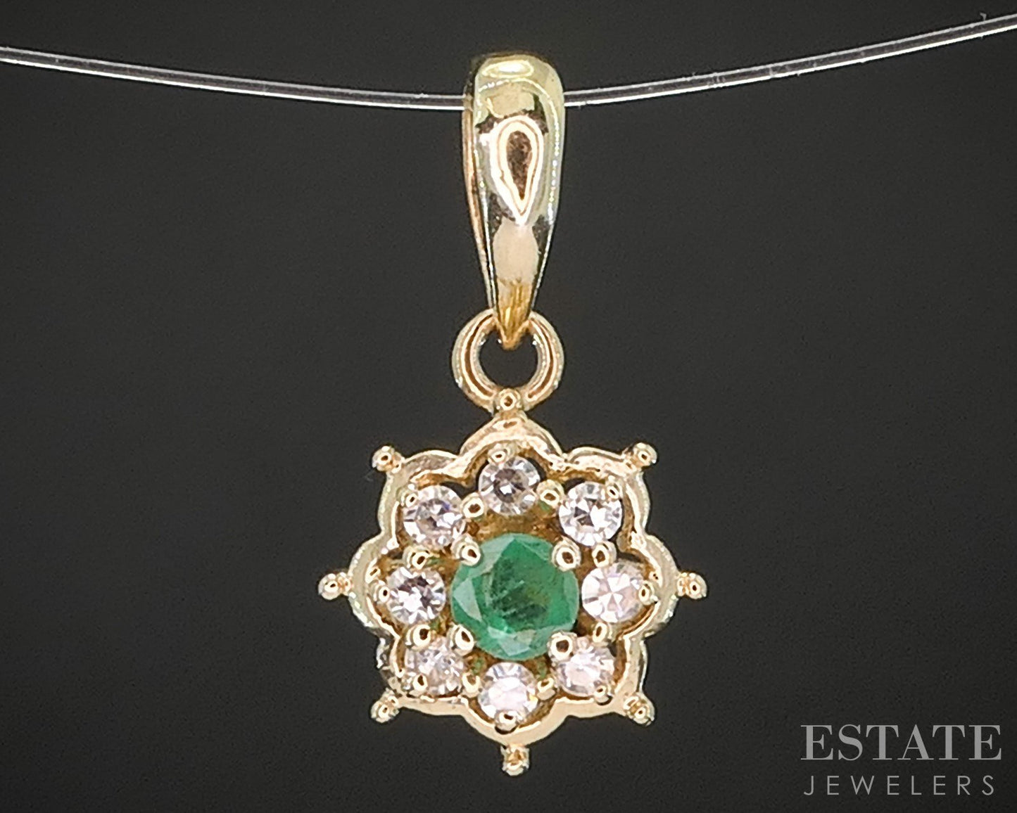 14k Yellow Gold Round Natural Emerald & Diamond Flower Pendant 0.7g i20172b