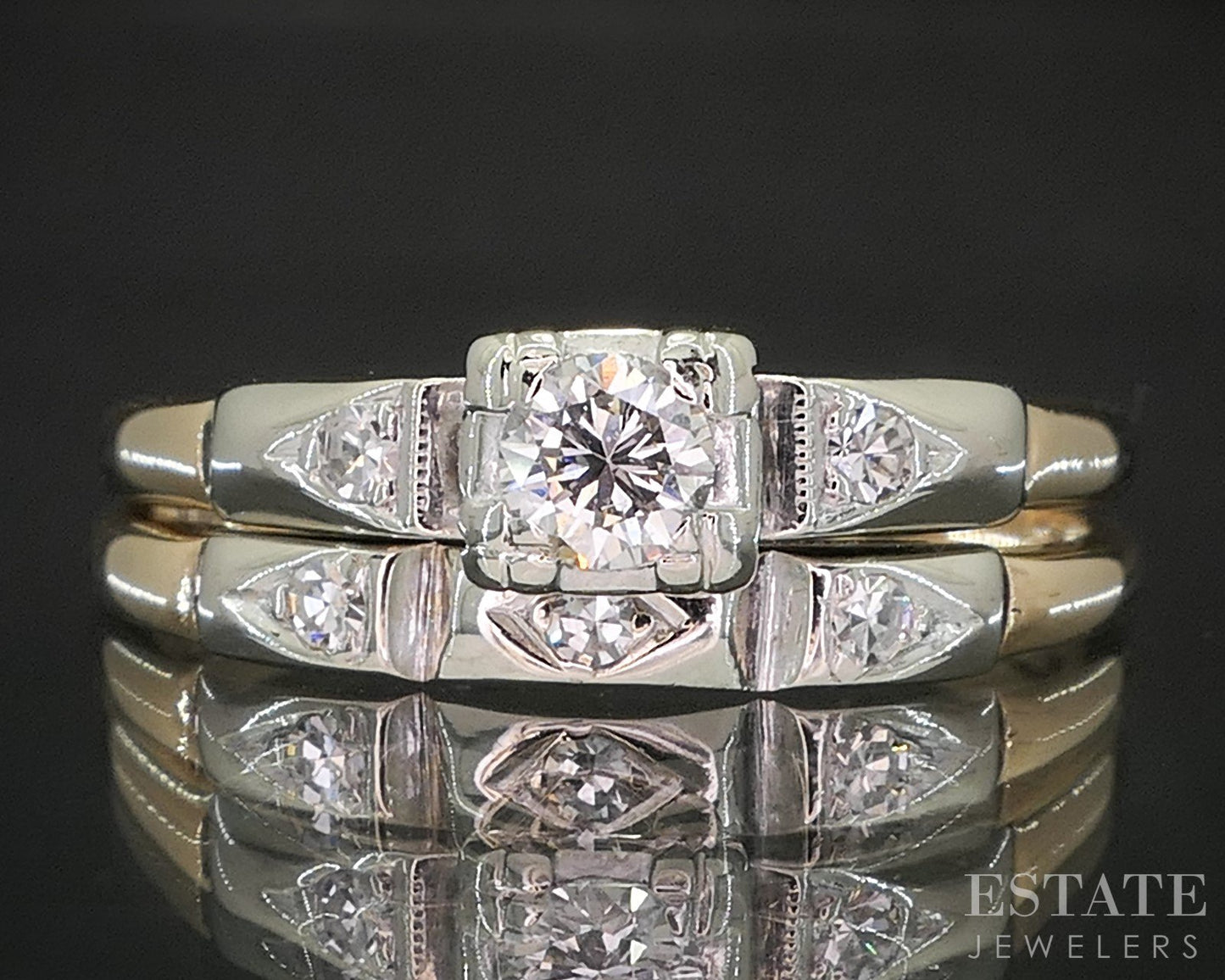 Vintage 14k Yellow & White Gold Natural .12ct Diamond Wedding Set 3g i19819b