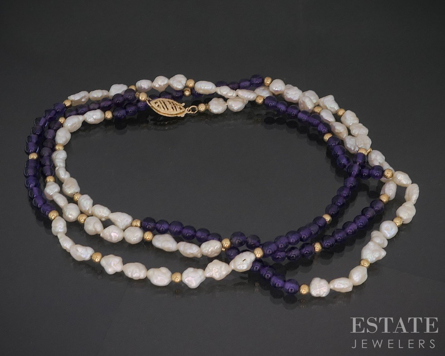 14k Yellow Gold 5mm Freshwater Pearl & Amethyst Beaded Necklace 32"L i20167b
