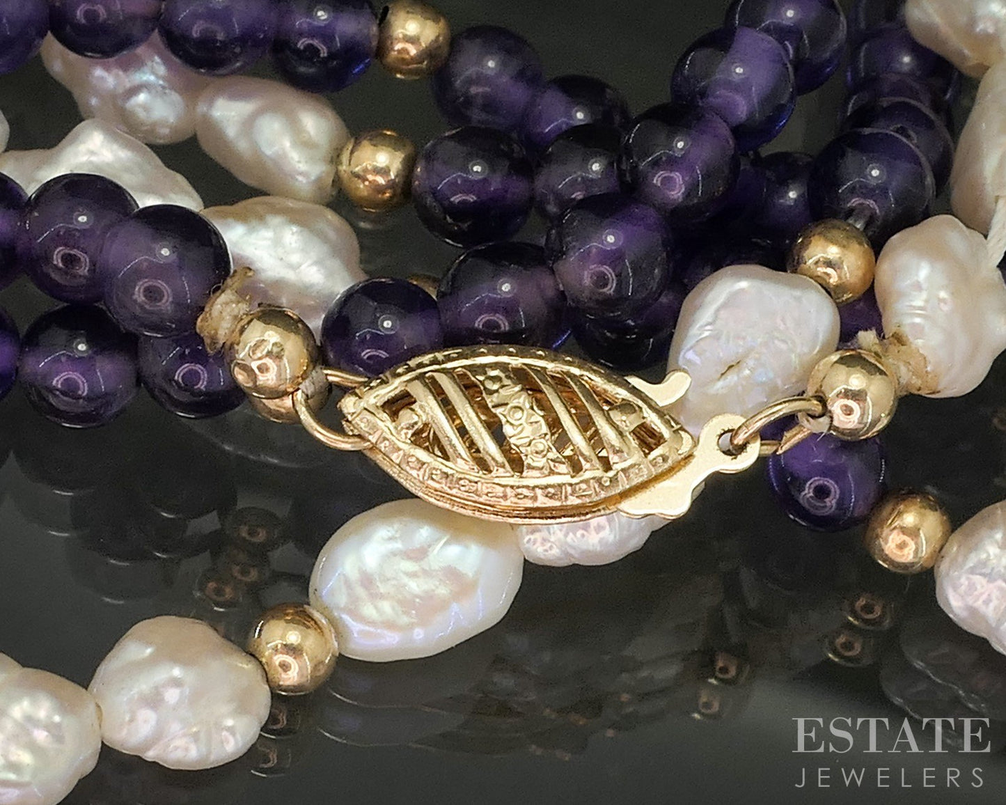 14k Yellow Gold 5mm Freshwater Pearl & Amethyst Beaded Necklace 32"L i20167b