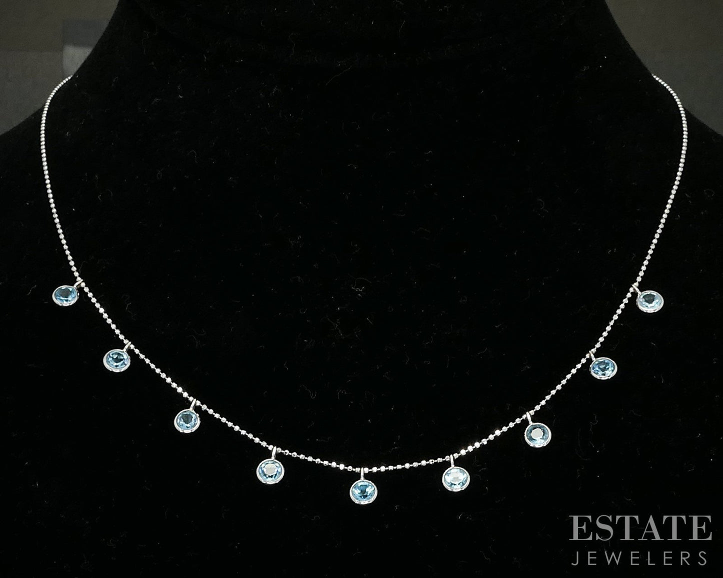 14k White Gold Natural Blue Topaz Beaded Ladies Necklace 2.4g 16"L i20186b