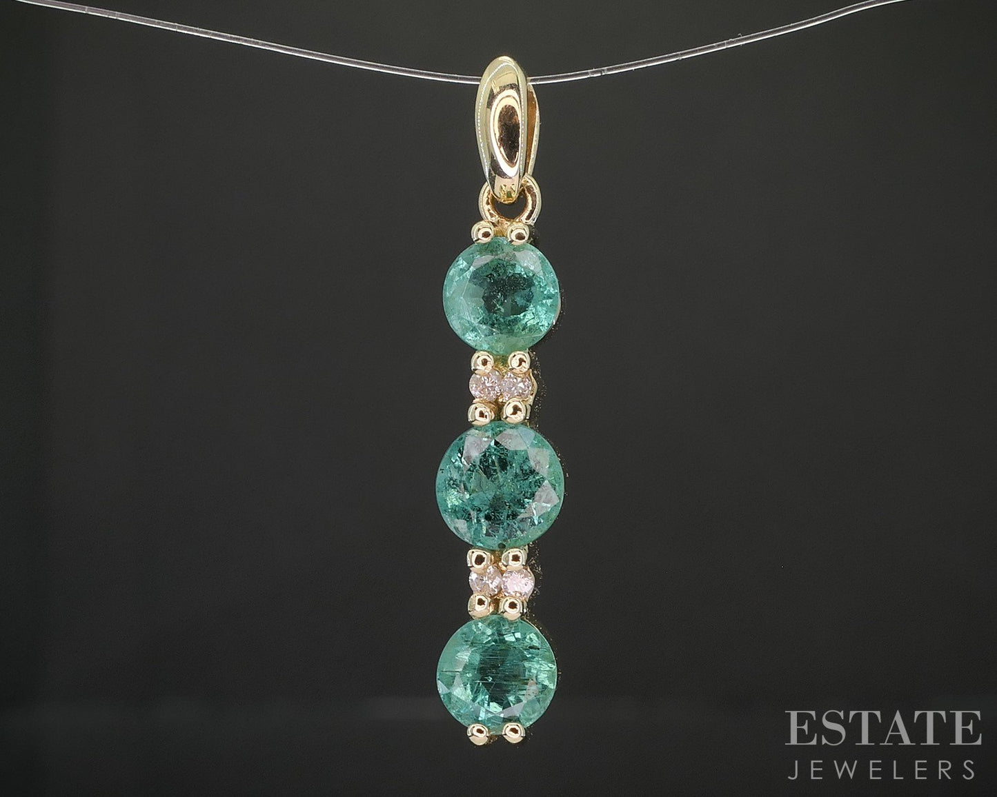 14k Yellow Gold Natural Emerald & Diamond Three Stone Pendant 1.8g i20346b
