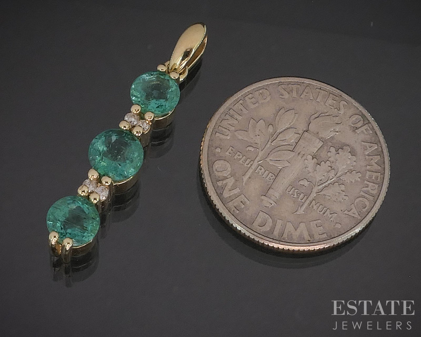 14k Yellow Gold Natural Emerald & Diamond Three Stone Pendant 1.8g i20346b