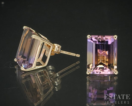 14k Yellow Gold Emerald Cut Natural Ametrine Stud Earrings 1.9g i20363b