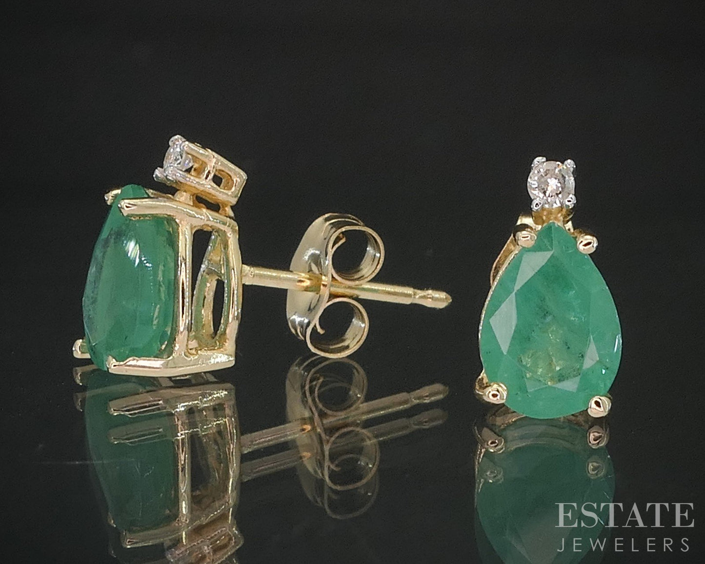 14k Yellow Gold Natural Emerald & Diamond Stud Earrings 1.2g i20358b