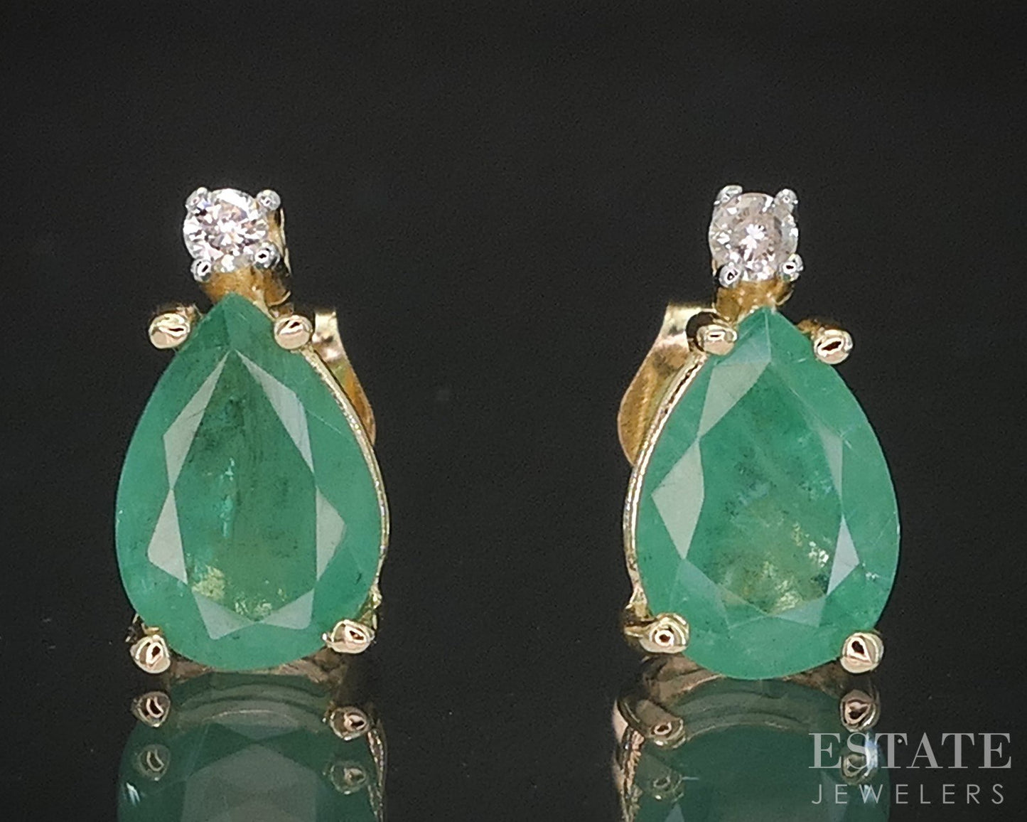 14k Yellow Gold Natural Emerald & Diamond Stud Earrings 1.2g i20358b